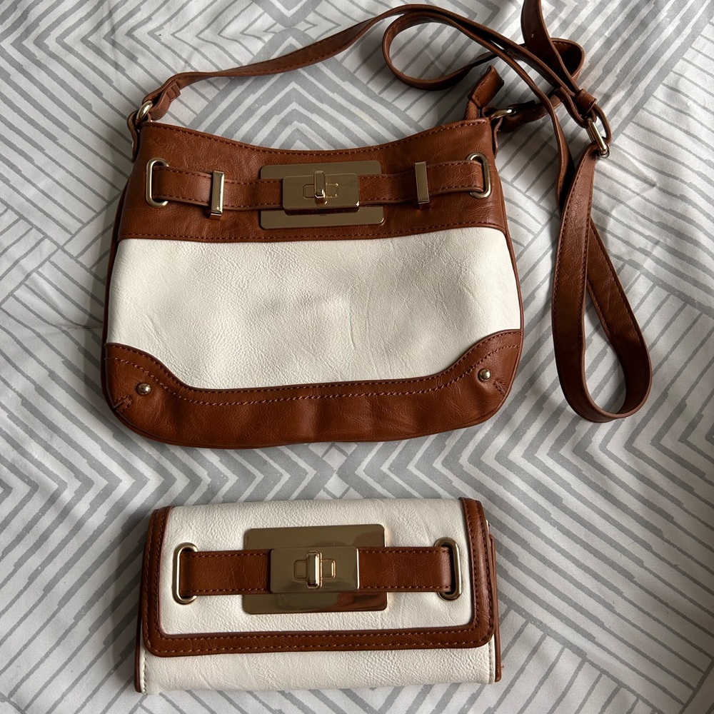 Brown and White Leather Shoulder Bag and Wallet Set